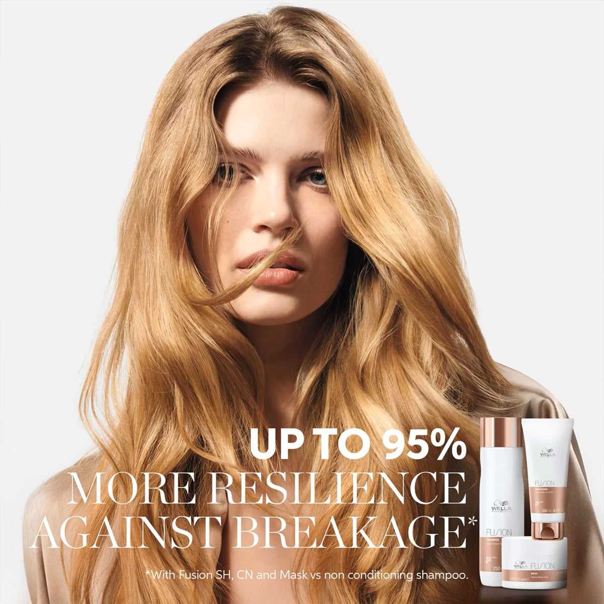 Woman with long blonde hair and hair care products with text about resilience against breakage.