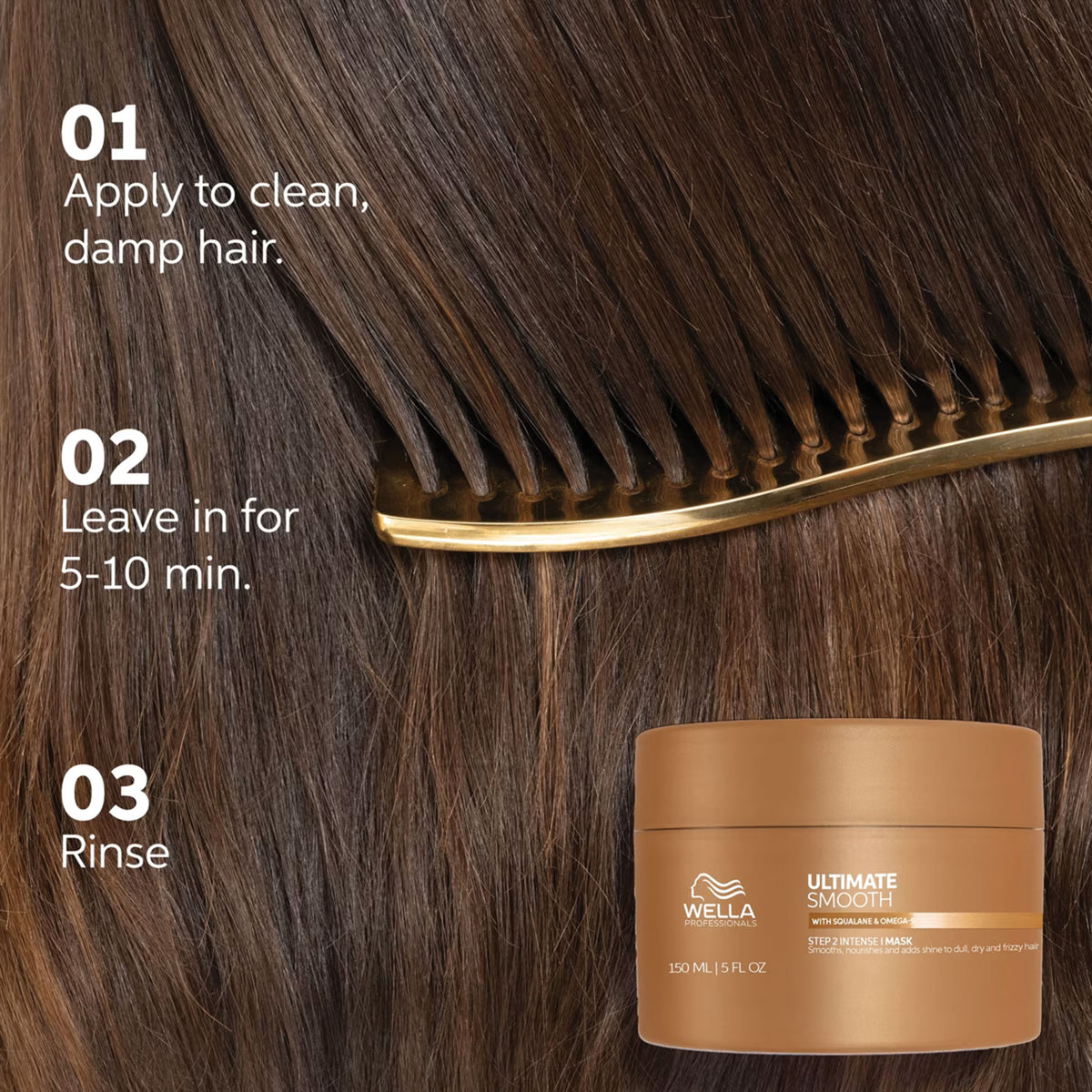 Wella hair care product with application steps on a close-up of hair.