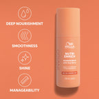 Wella Invigo Nutri Enrich wonder balm on an orange background with product features listed.