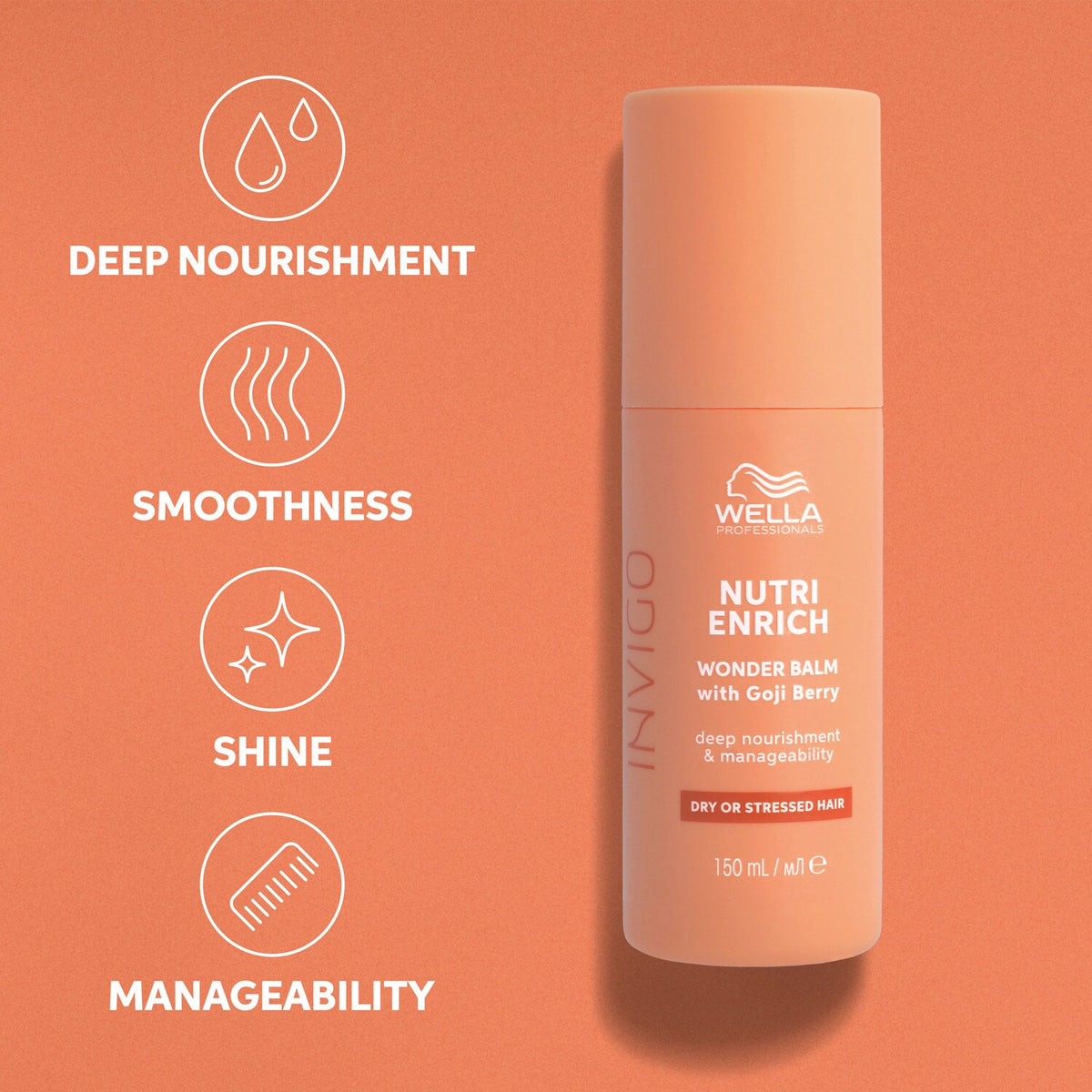 Wella Invigo Nutri Enrich wonder balm on an orange background with product features listed.