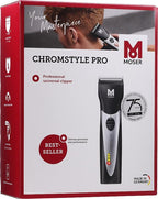 Moser Chromstyle Pro hair clipper packaging with branding and product image.