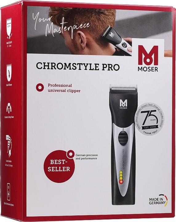 Moser Chromstyle Pro hair clipper packaging with branding and product image.