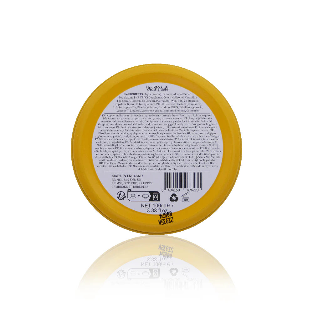 Yellow container lid with text and a barcode on a white background