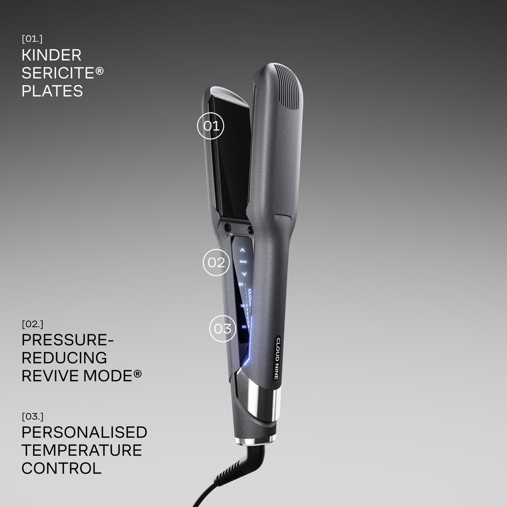 Hair straightener with features highlighted on a gray background