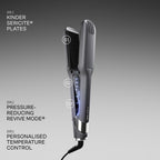 Hair straightener with features highlighted on a gray background
