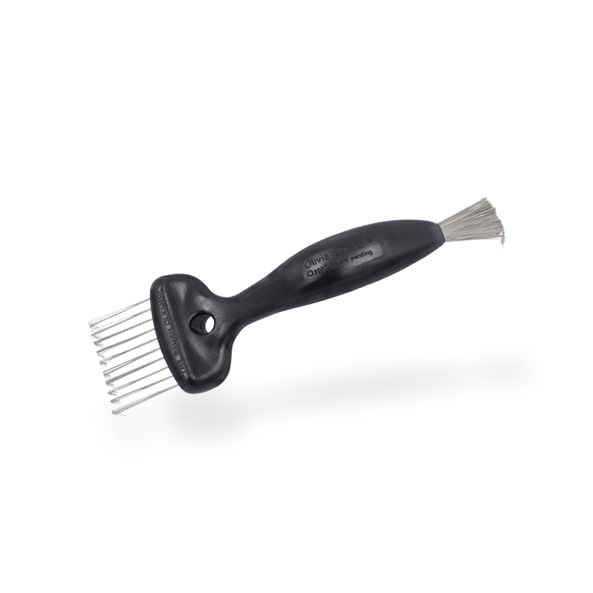 Olivia Garden black brush cleaner with metal bristles and a handle.