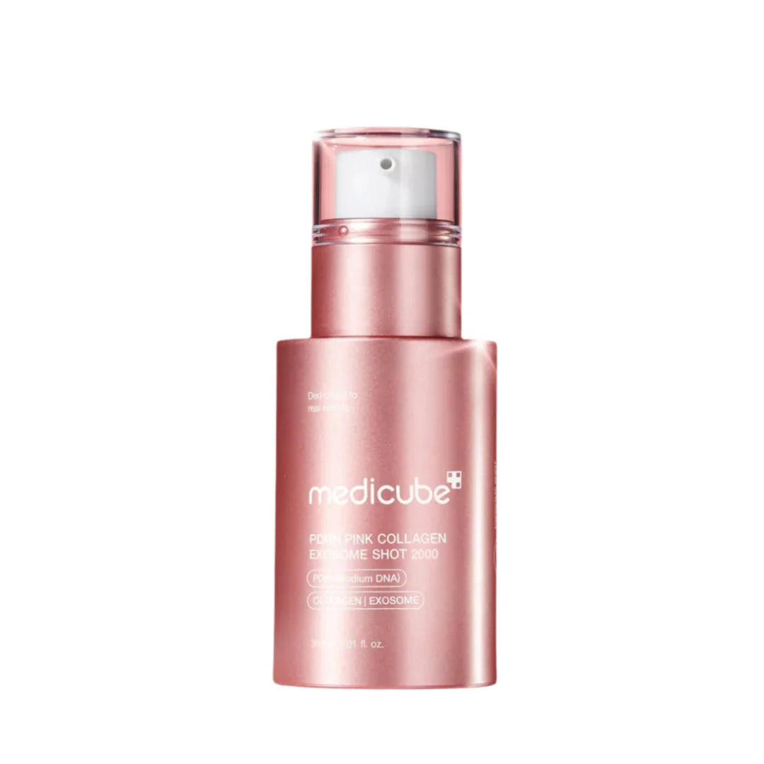 Pink skincare bottle with 'medicube' branding on a white background