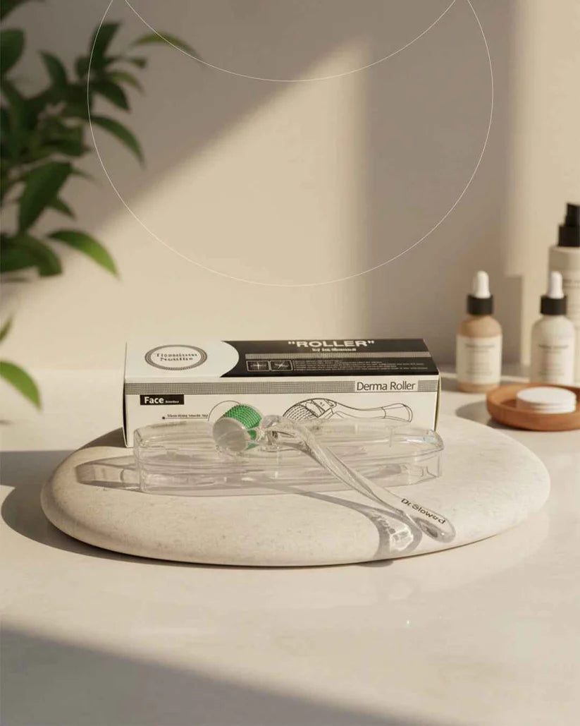 A derma roller set including a clear plastic derma roller, a green and white tube, and its black-and-white packaging box, styled on a round stone tray with spa bottles and a plant in the background.