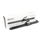 Black curling iron with packaging on a white background