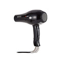 A black professional hair dryer with a sturdy handle and two variable speed settings.