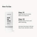 Sunscreen product with application instructions on a white background