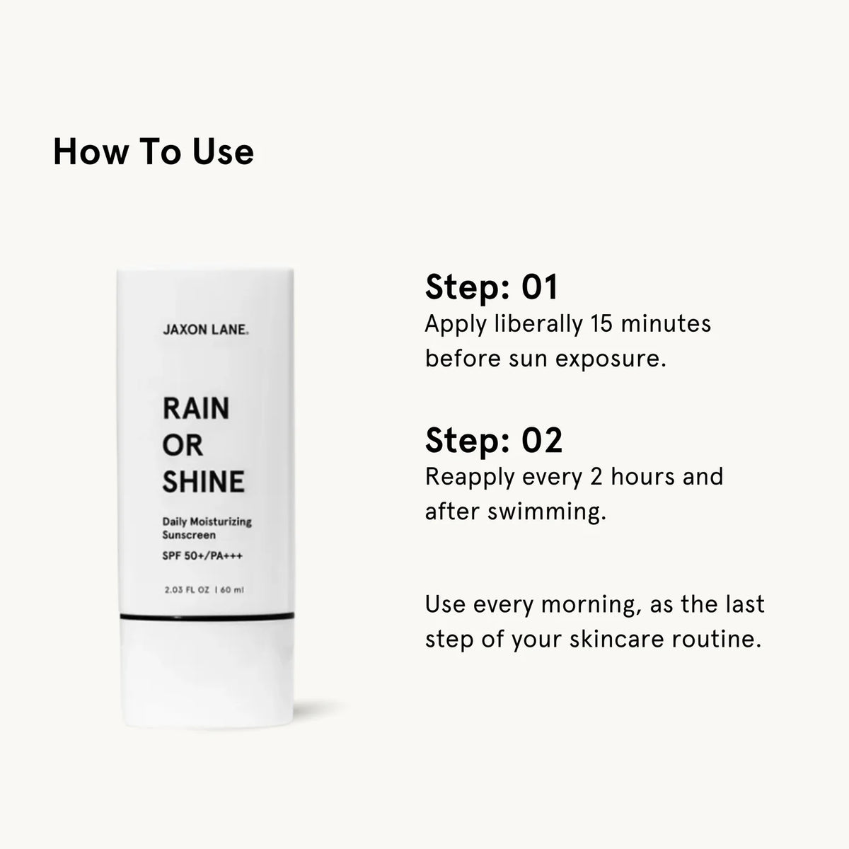 Sunscreen product with application instructions on a white background