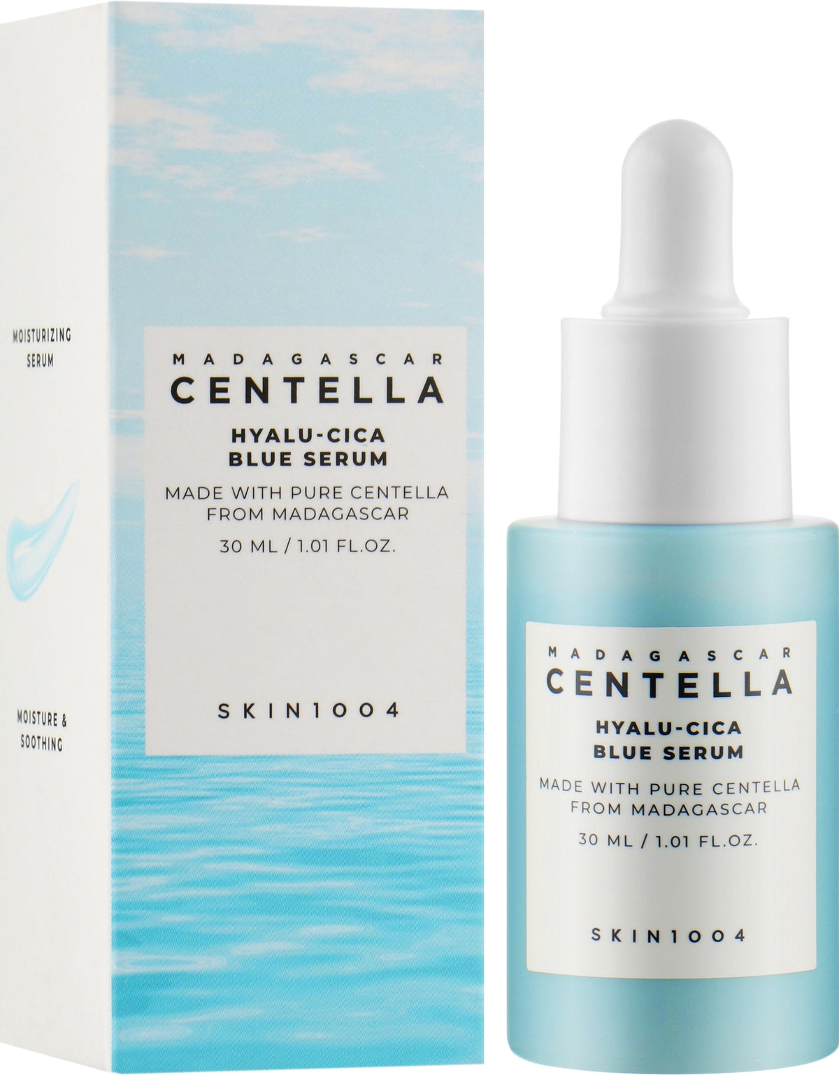 SKIN1004 Madagascar Centella Hyalu-Cica Blue Serum with packaging on a white background