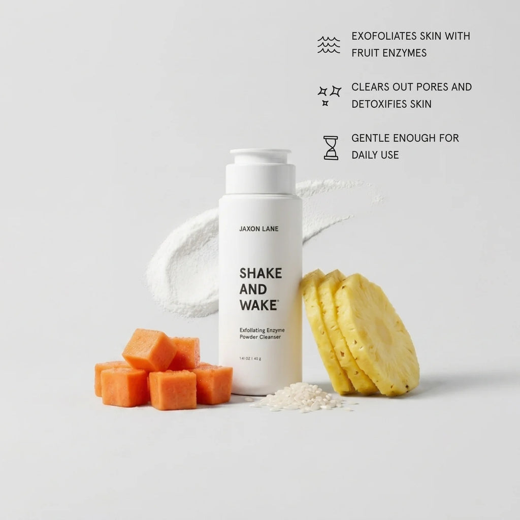 JASON LANE exfoliating enzyme powder cleanser with pineapple pieces on a light gray background