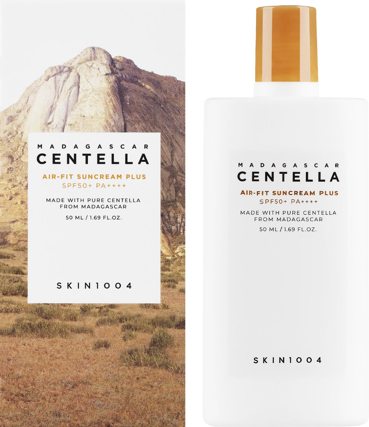Madagascar Centella sunscreen bottle and packaging with mountain background