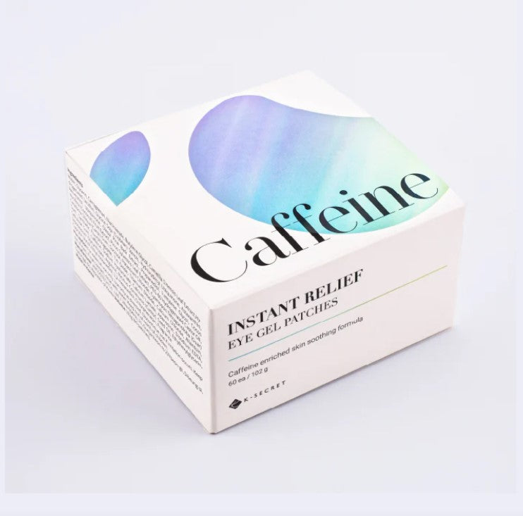 Box of caffeine instant relief eye gel patches on a light gray background