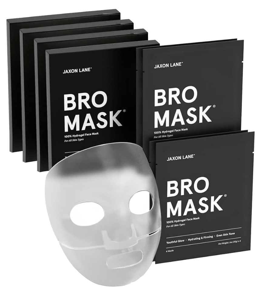 A silver reflective face mask displayed in front of several black Jaxon Lane Bro Mask face mask packets on a white background.