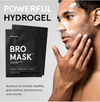 A promotional ad for JAKON LANE Bro Mask Hydrogel face mask. The left side features two black pouches of the product with white text, while the right side shows a man with white hydrogel mask cream applied to his face and hand.