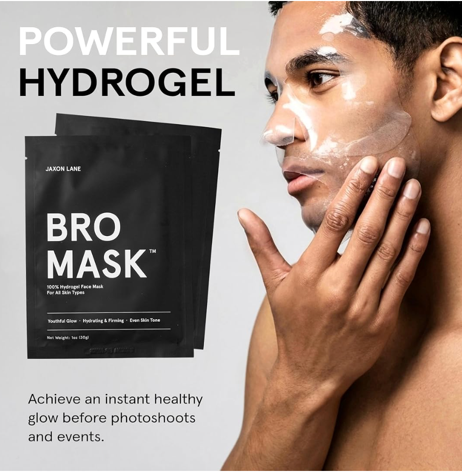 A promotional ad for JAKON LANE Bro Mask Hydrogel face mask. The left side features two black pouches of the product with white text, while the right side shows a man with white hydrogel mask cream applied to his face and hand.