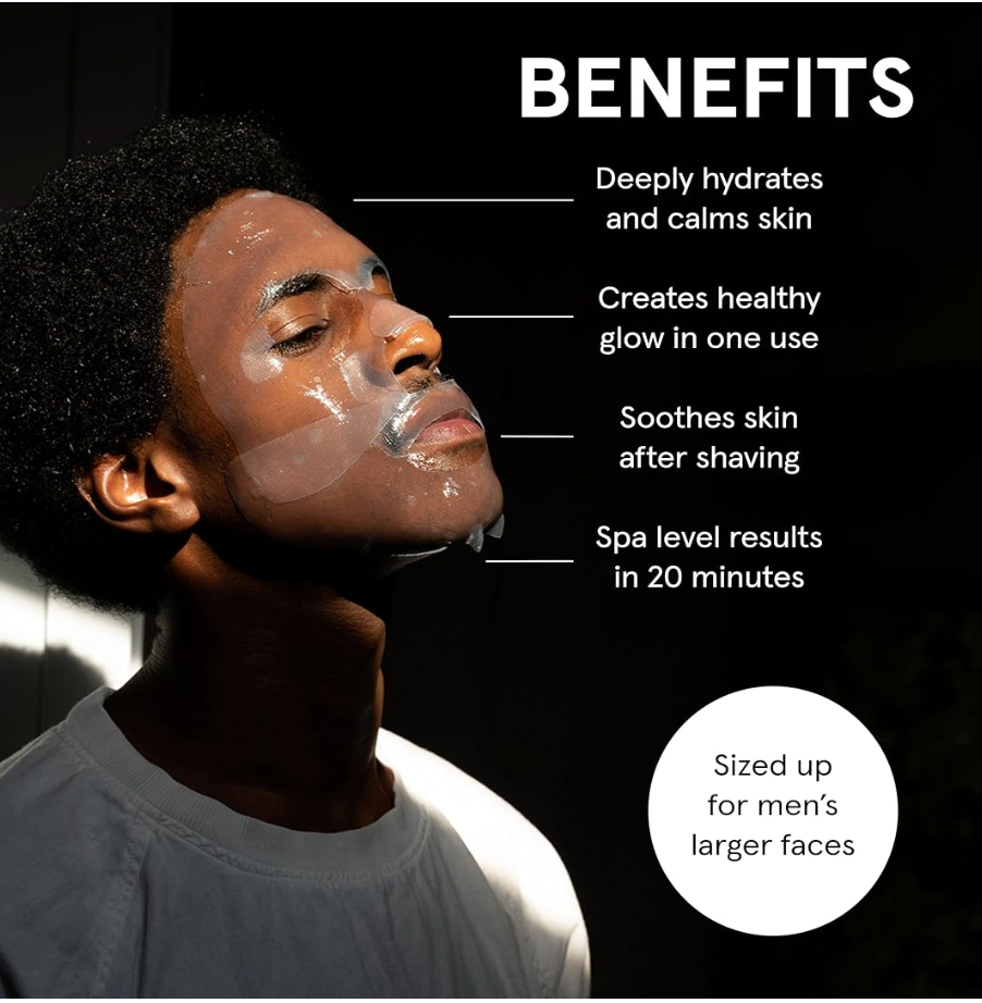Promotional graphic with a man in profile showing a translucent gel mask on his face, with text listing benefits such as deep hydration, healthy glow, soothing after shaving, and spa-level results in 20 minutes. A white circle note says 'Sized up for men's larger faces.