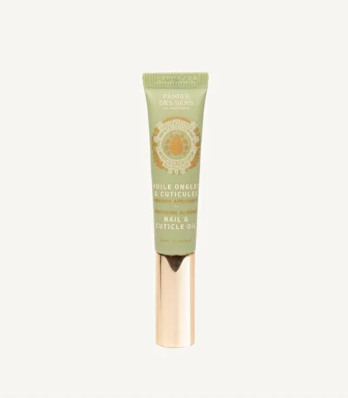 A squeeze tube of Palmer Jessupps Nail & Cuticle Oil in sage green with a metallic rose gold cap, centered on a light off-white background.
