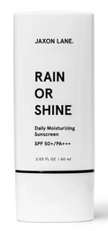 A white cylindrical tube of Jaxon Lane Rain or Shine Daily Moisturizing Sunscreen, SPF 50+/PA+++, with black text on a clean white background.