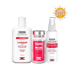 ISDIN Lambdapil hair care products including shampoo, tablets, and spray on a white background with 'Combo Offer' text.
