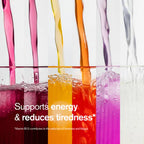Colorful liquids being poured into glasses with text about energy support and reduced tiredness.