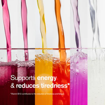 Colorful liquids being poured into glasses with text about energy support and reduced tiredness.