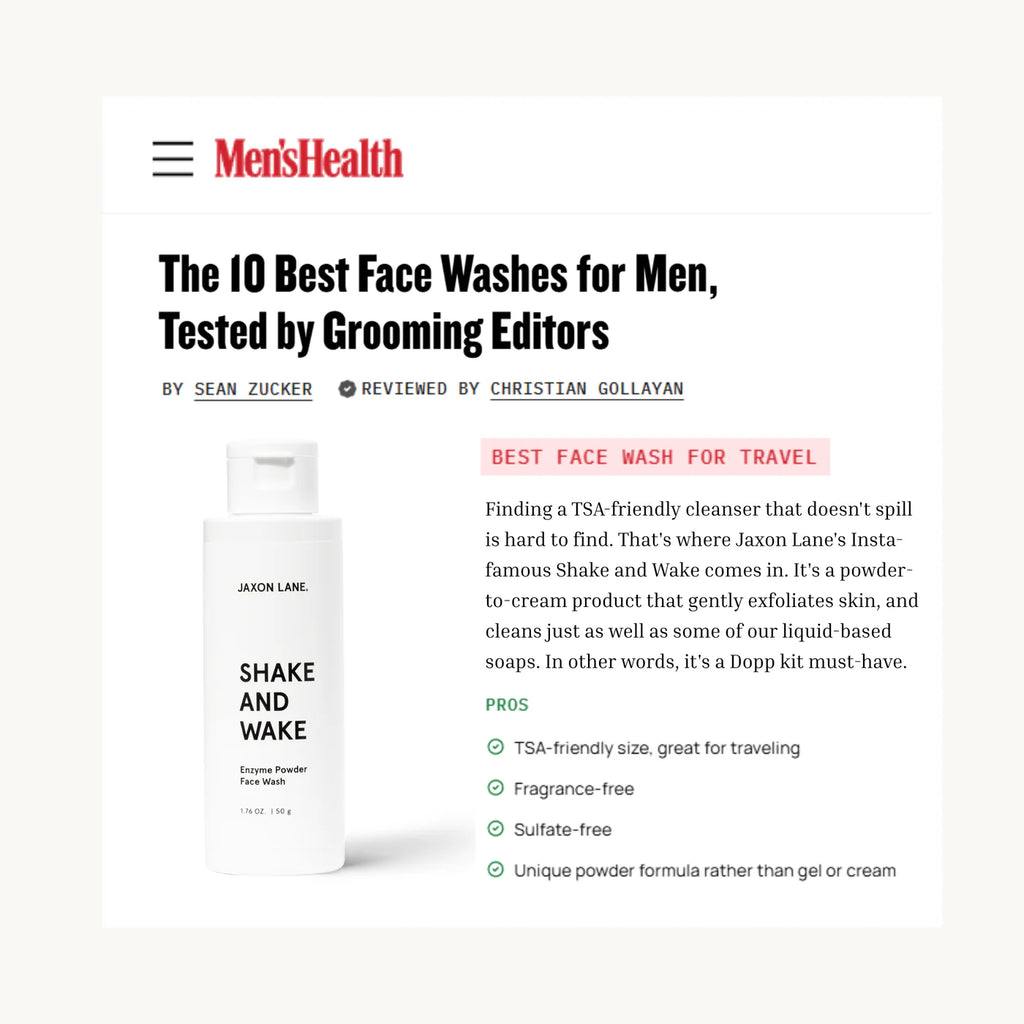 A Men's Health article screenshot featuring a white bottle of Jason Lane Shake and Wake face wash, with product description text and pros listed on a light background.
