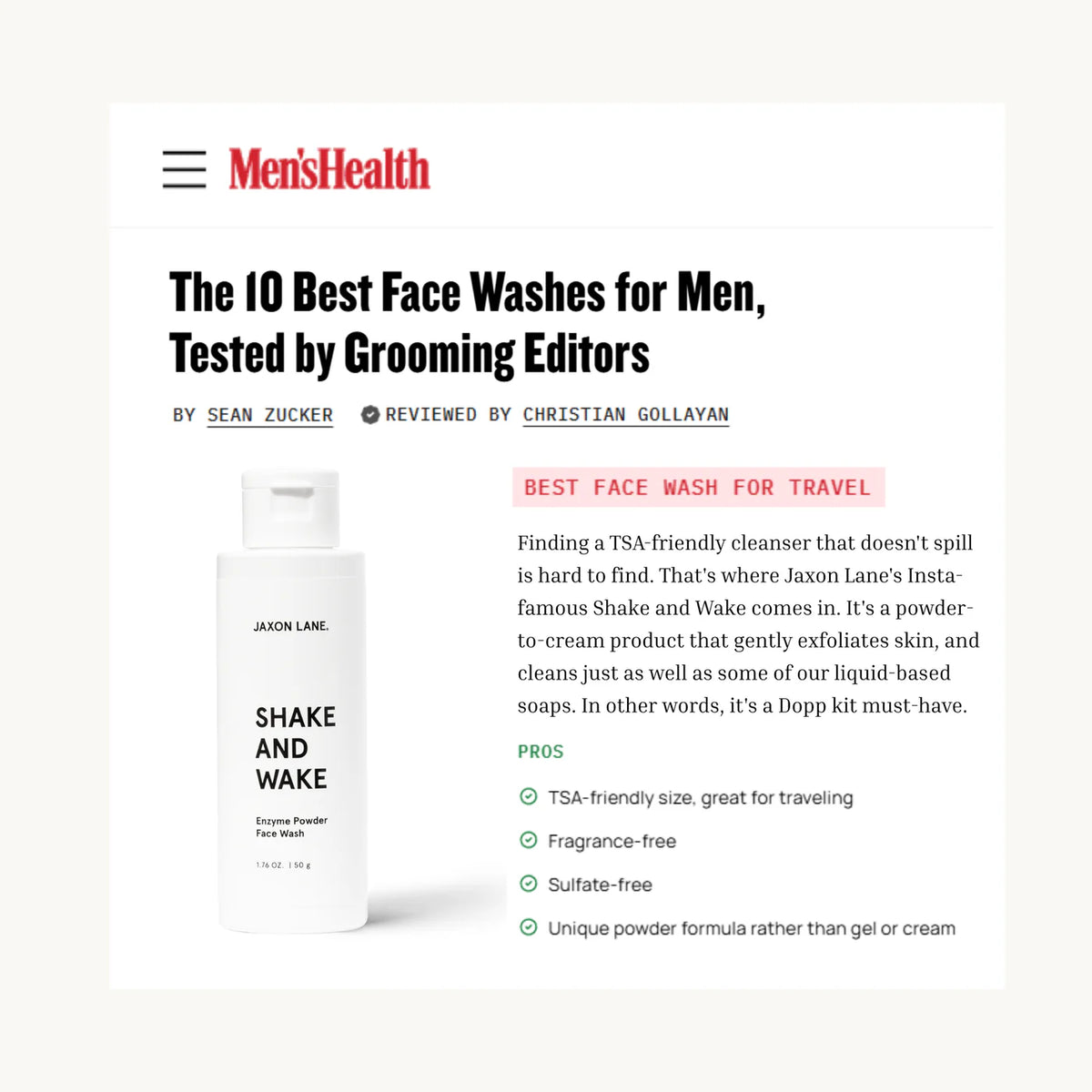 A Men's Health article screenshot featuring a white bottle of Jason Lane Shake and Wake face wash, with product description text and pros listed on a light background.