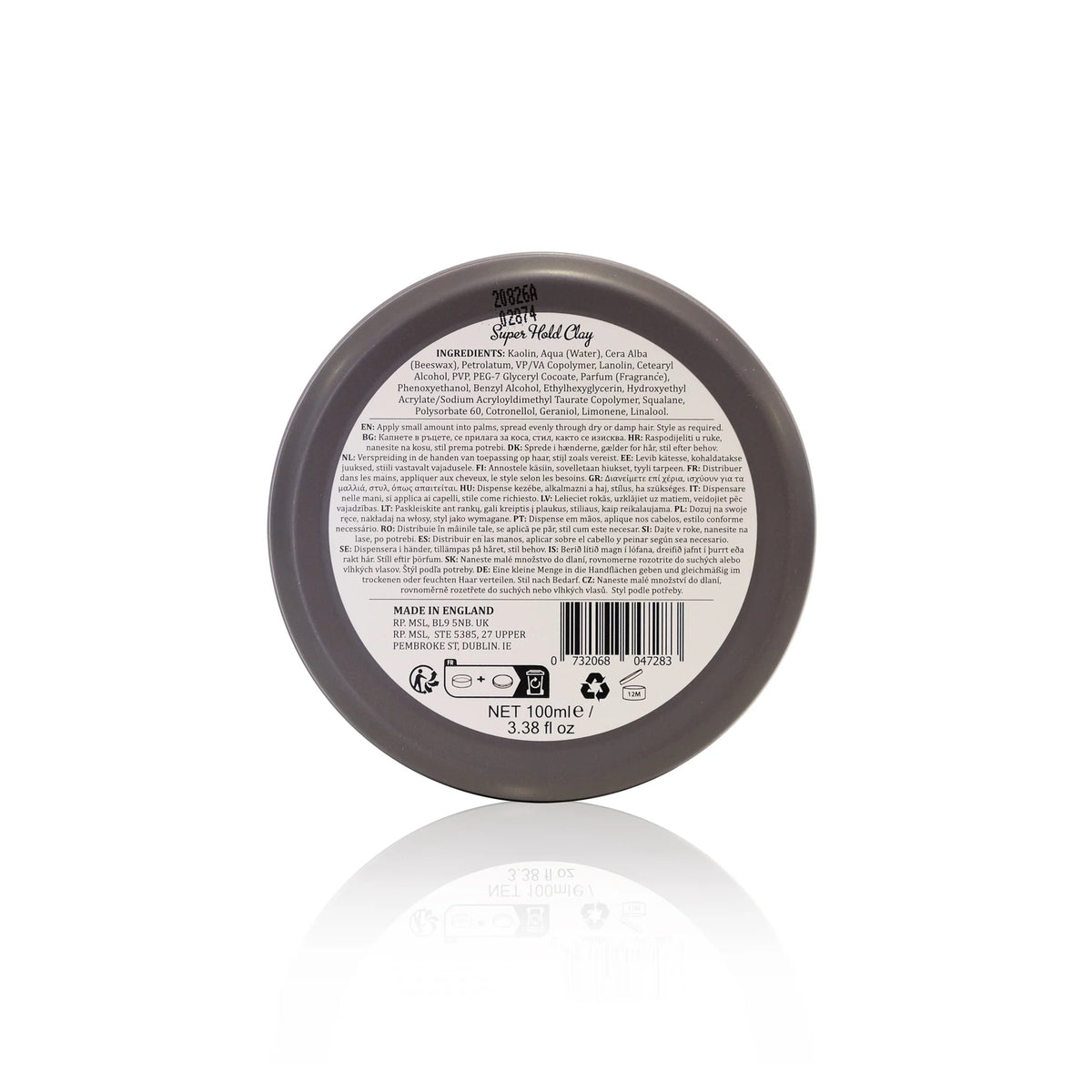 Round container with a label on a white background