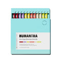Box of Humantra zero sugar electrolyte drink mix with colorful packets on a light blue background