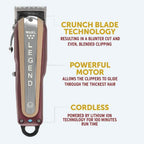 Wahl Legend hair clipper with features highlighted on a white background
