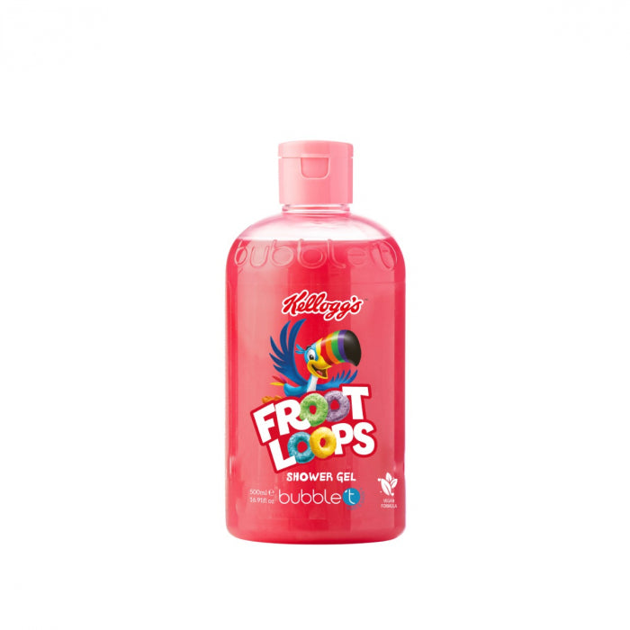 Bottle of Kellogg's Froot Loops shower gel on a white background