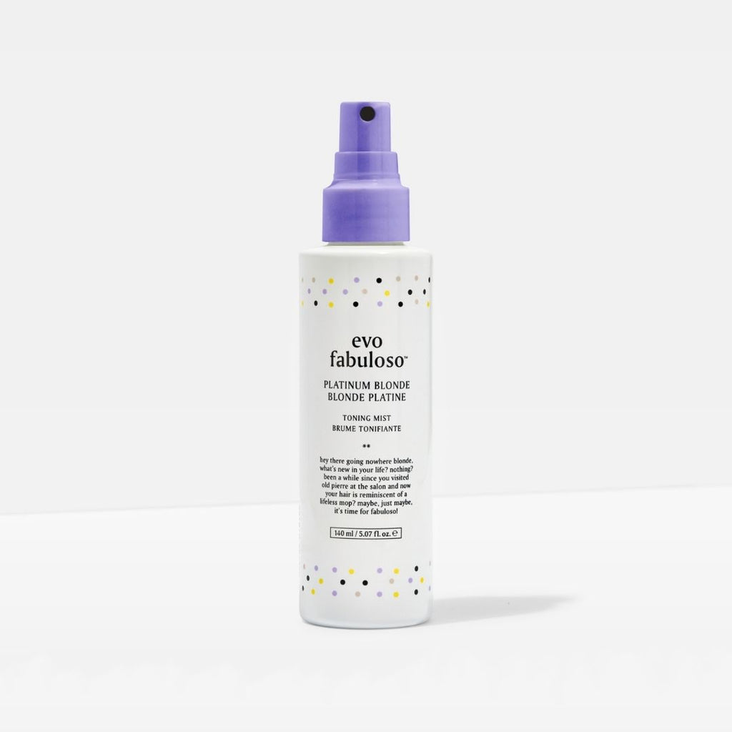 evo fabuloso platinum blonde toning mist bottle on a white background