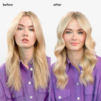 Before and after comparison of a woman with blonde hair styled differently, wearing a purple shirt.