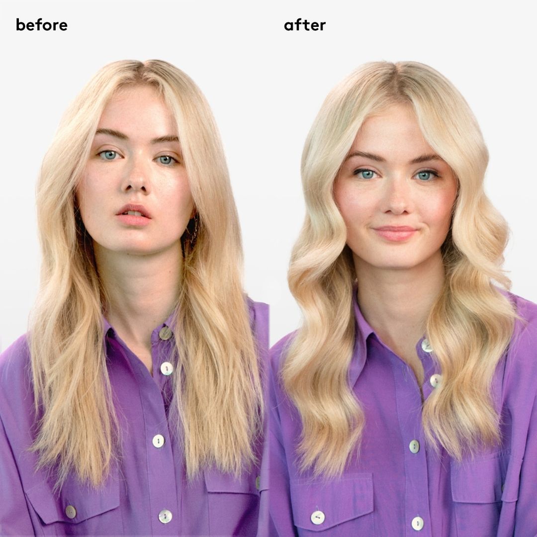 Before and after comparison of a woman with blonde hair styled differently, wearing a purple shirt.