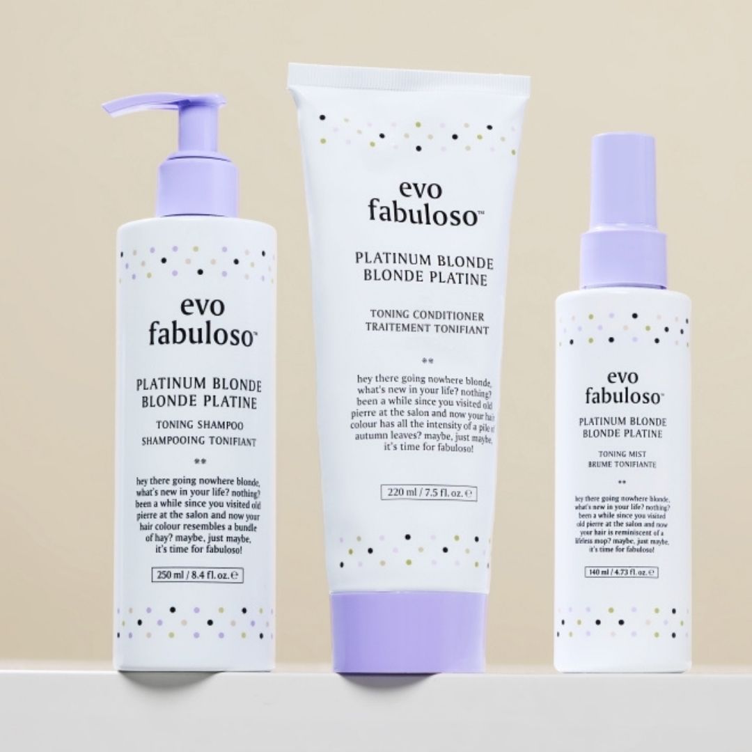 Three evo fabuloso hair care products on a beige background