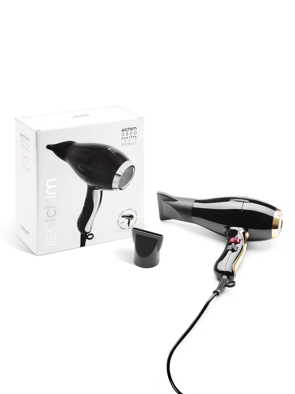 Black hair dryer with gold accents next to its packaging on a white background