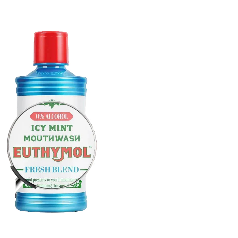 Euthymol mouthwash bottle with product details on a pink background