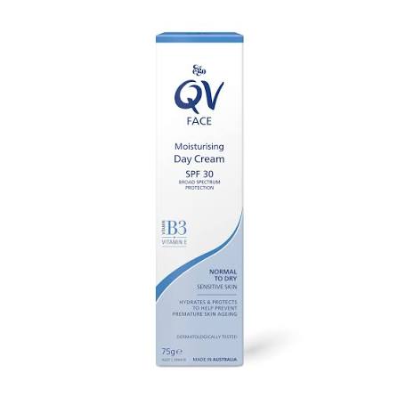 A tall white rectangular box of QV Face Moisturising Day Cream SPF 30, featuring blue and navy branding and text on a clean white background.