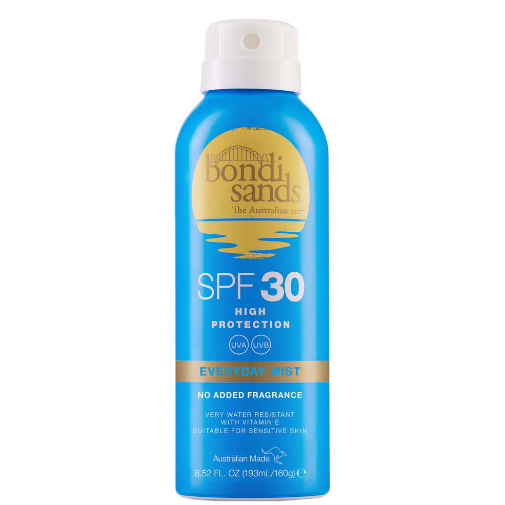 Blue spray bottle of Bondi Sands SPF 30 sunscreen mist on a white background
