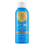Blue spray bottle of Bondi Sands SPF 30 sunscreen mist on a white background
