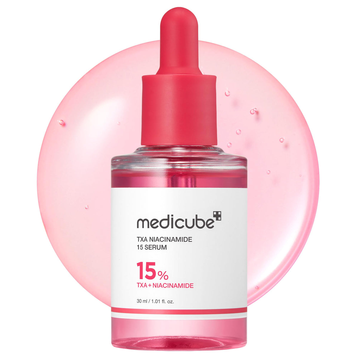 Medicube TXA Niacinamide 15% serum bottle with pink dropper on a white background