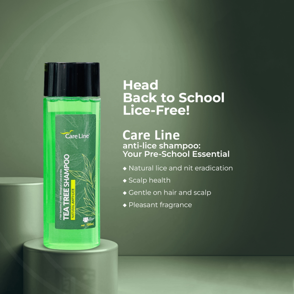 Care Line Tea Tree Shampoo in a translucent green bottle with a black cap, displayed on a pedestal against a dark green background with product benefits text.