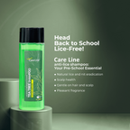 Care Line Tea Tree Shampoo in a translucent green bottle with a black cap, displayed on a pedestal against a dark green background with product benefits text.