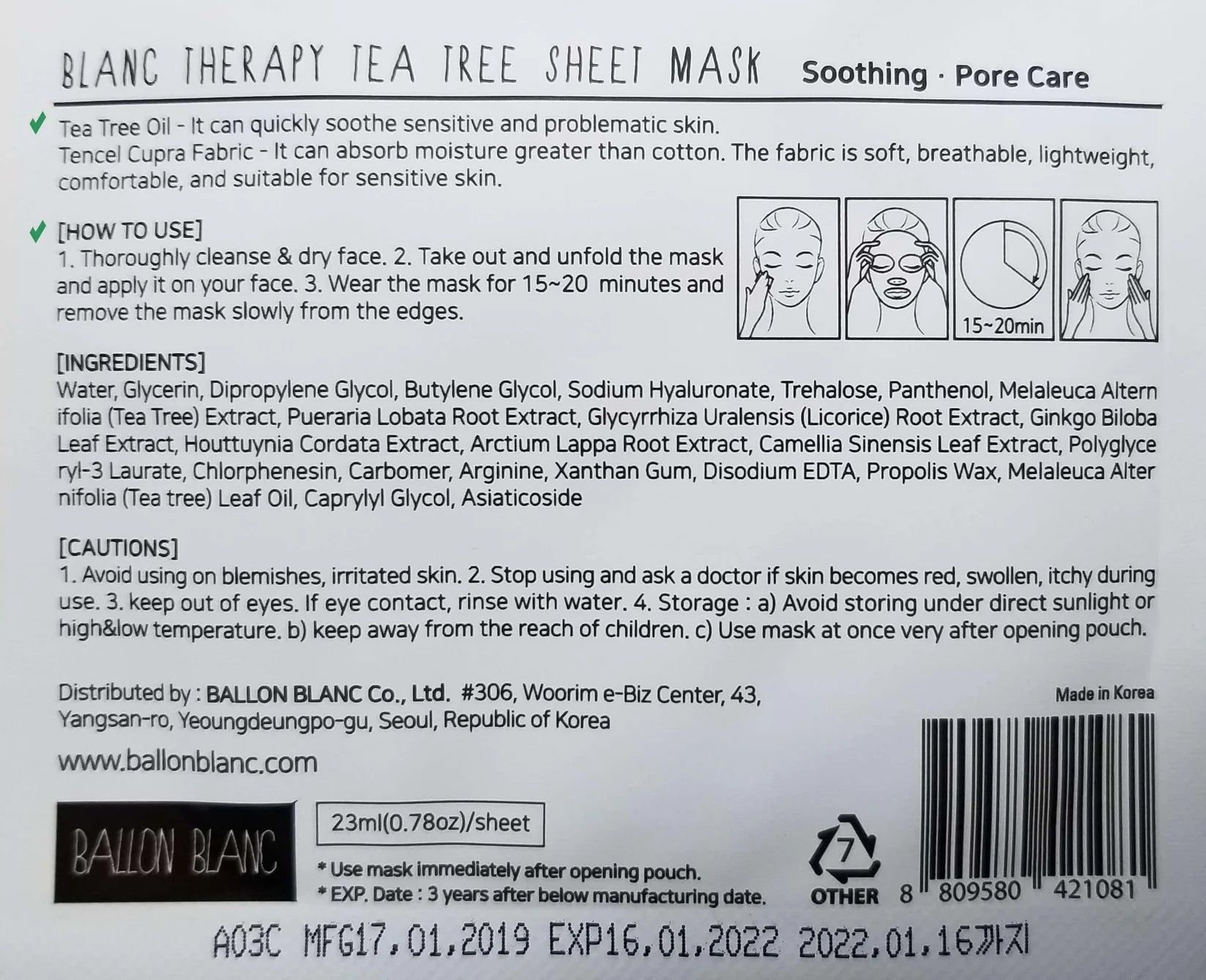 BALLON BLANC Therapy Tea Tree Sheet Mask 23ML