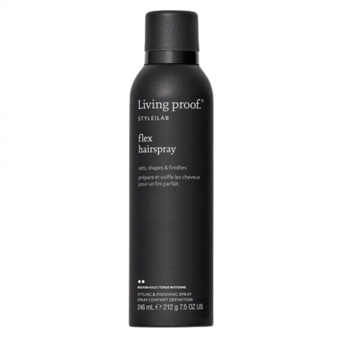 Black hair spray bottle labeled 'Living Proof' on a white background