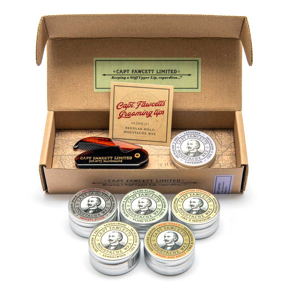 Captain Fawcett’s Moustache Wax 15ml & Moustache Comb Gift Set